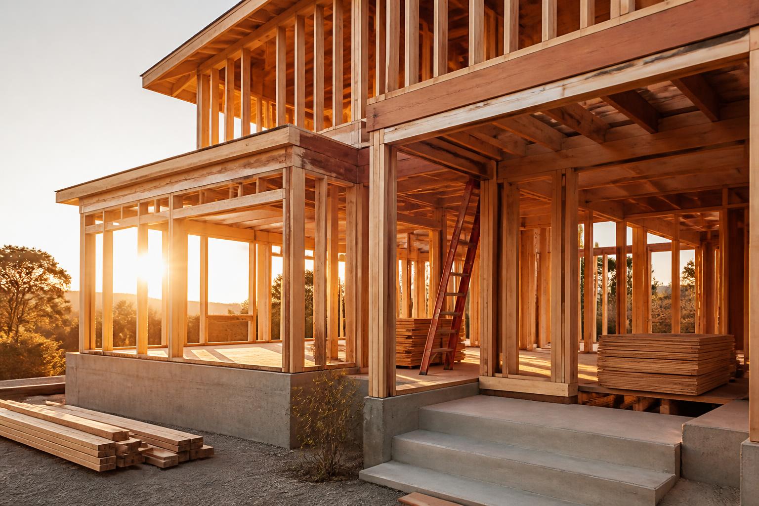 Residential home under construction with wooden framing and golden hour sunlight