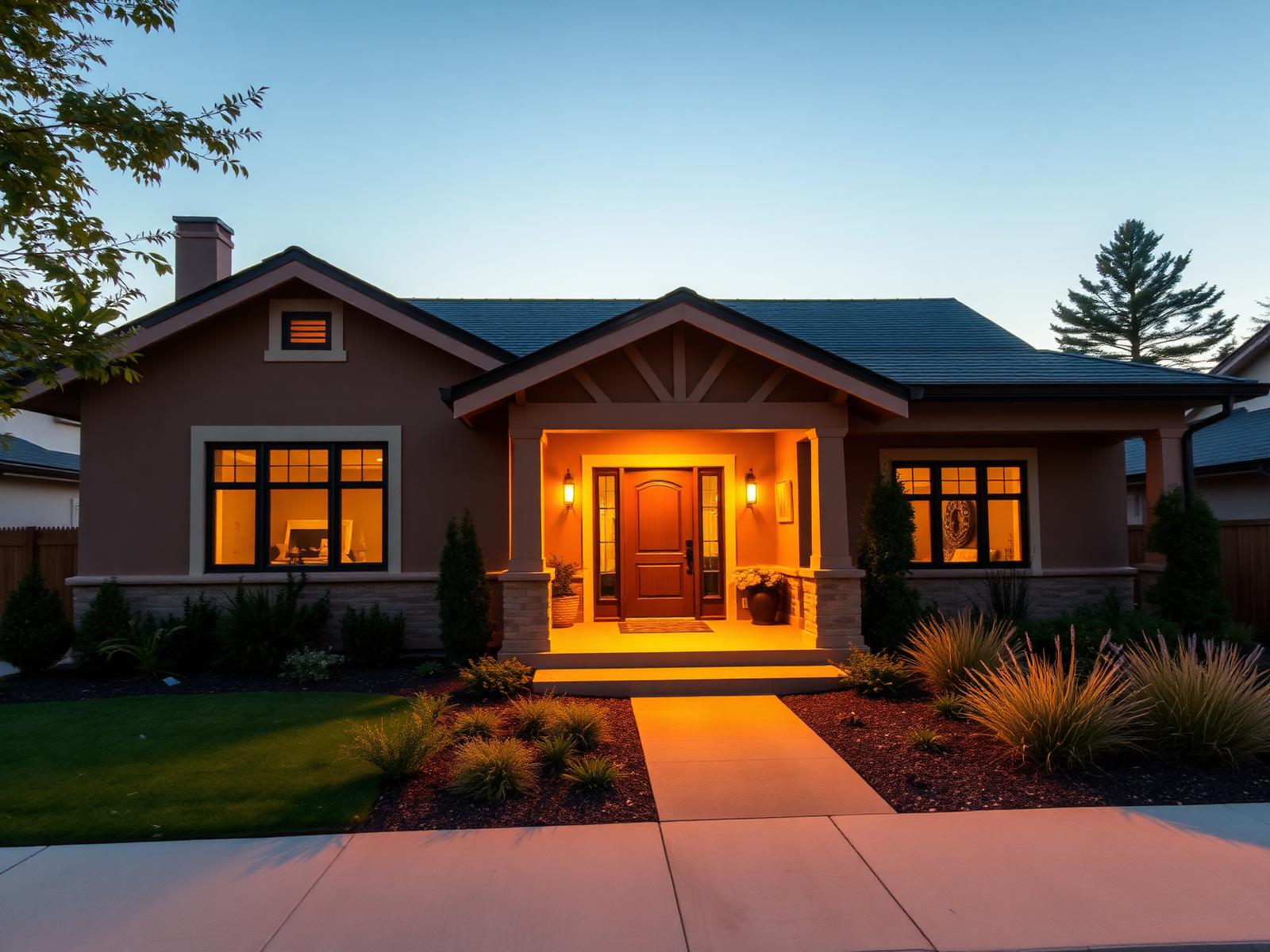 Warmly lit craftsman home at golden hour